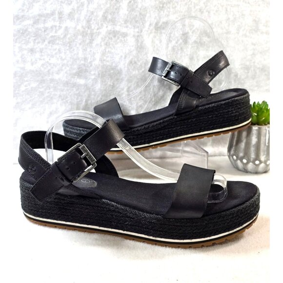 Timberland Womens Black Leather Espadrille Platform Sandals Size 11 Adjustable - Picture 1 of 13